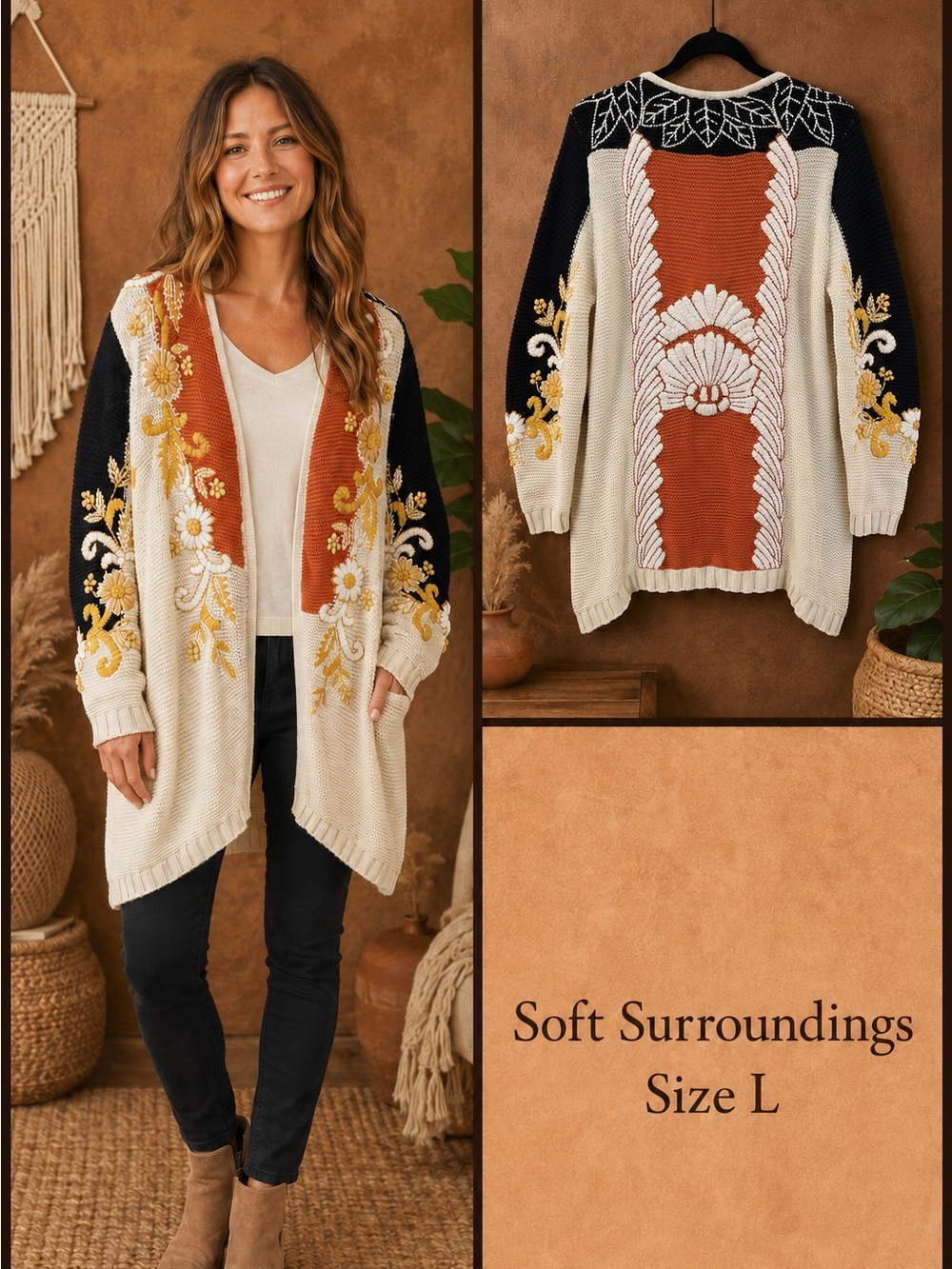 Soft Surroundings Cream, Rust & Black Embroidered Open-Front Cardigan